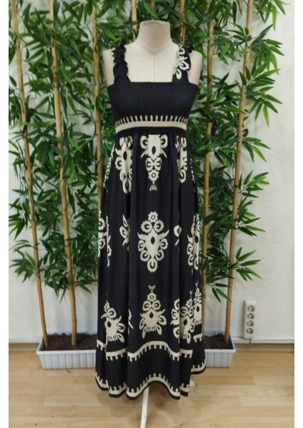 Kare Yaka Gipe Detaylı Uzun Süprem Elbise - Siyah fırsatları