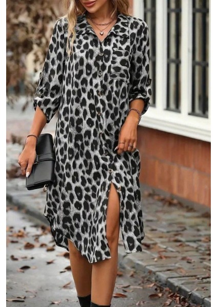 Modal Kumaş Leopar Desenli Düğmeli Midi Gömlek Elbise - Siyah