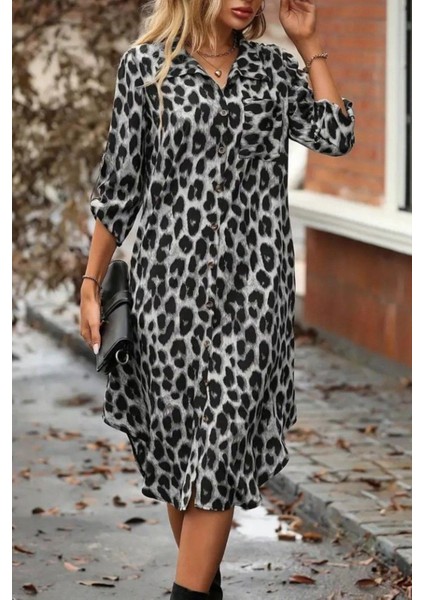 Modal Kumaş Leopar Desenli Düğmeli Midi Gömlek Elbise - Siyah fiyatları