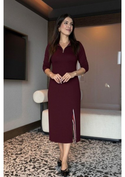 Balıkçı Yaka Önden Fermuarlı Midi Viskon Iki Iplik Elbise - Bordo fiyatları