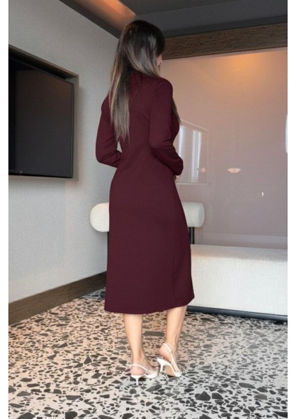 Balıkçı Yaka Önden Fermuarlı Midi Viskon Iki Iplik Elbise - Bordo modelleri