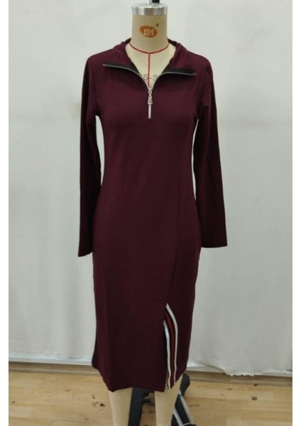 Balıkçı Yaka Önden Fermuarlı Midi Viskon Iki Iplik Elbise - Bordo fırsatları