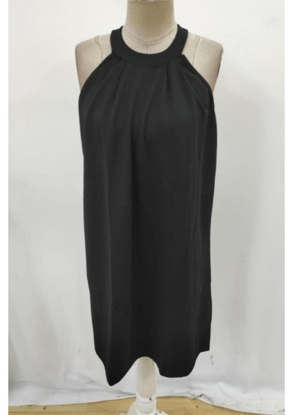 Halter Yaka Sırtı Dantel Detaylı Krep Elbise - Siyah modelleri