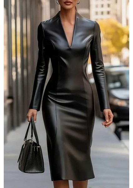 V Yaka Uzun Kollu Midi Deri Elbise - Siyah