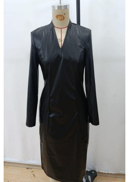 V Yaka Uzun Kollu Midi Deri Elbise - Siyah fırsatları