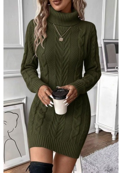 Balıkçı Yaka Örgü Desenli Mini Triko Elbise - Yeşil fiyatları