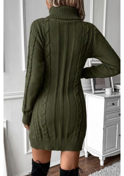 Balıkçı Yaka Örgü Desenli Mini Triko Elbise - Yeşil modelleri