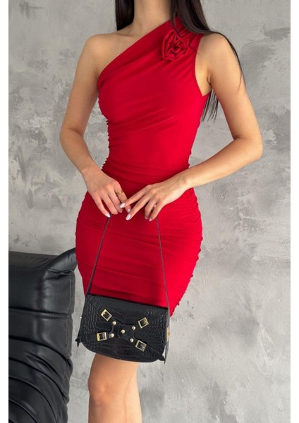 Tek Omuz Büzgülü Ayarlanabilir Güllü Elbise Kırmızı