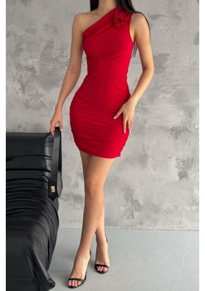 Tek Omuz Büzgülü Ayarlanabilir Güllü Elbise Kırmızı fiyatları