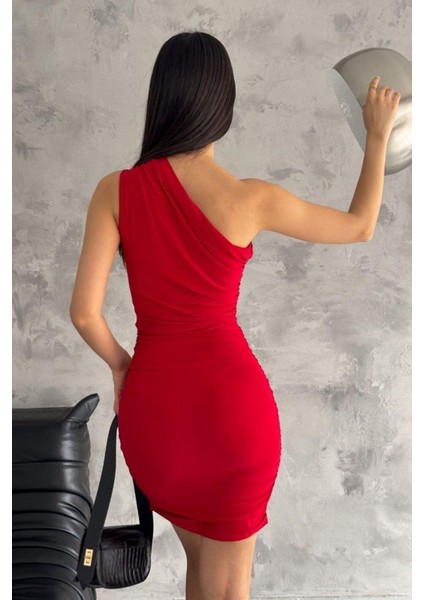 Tek Omuz Büzgülü Ayarlanabilir Güllü Elbise Kırmızı fırsatları