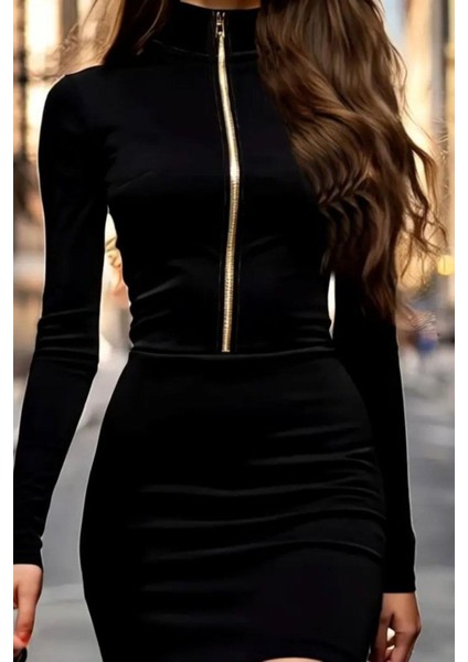 Balıkçı Yaka Fermuarlı Mini Kadife Elbise - Siyah