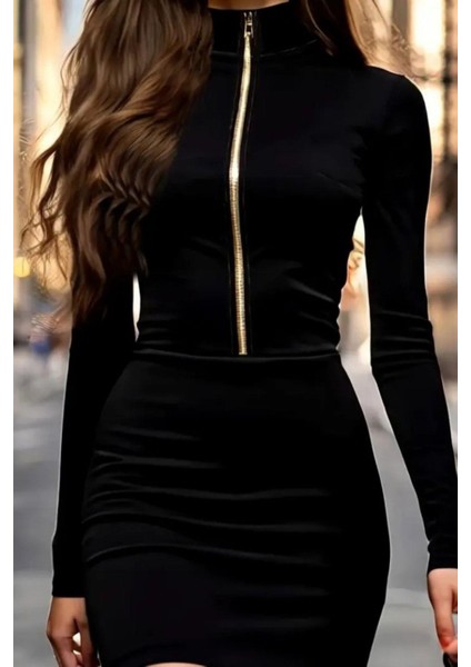 Balıkçı Yaka Fermuarlı Mini Kadife Elbise - Siyah modelleri