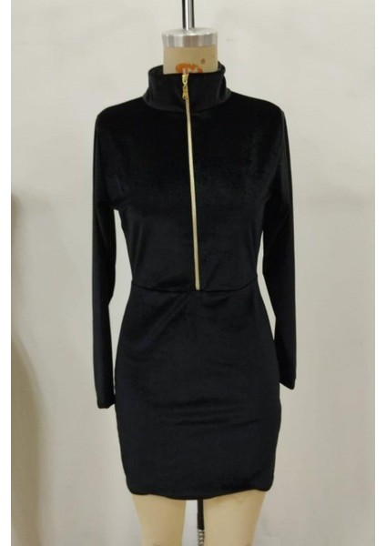 Balıkçı Yaka Fermuarlı Mini Kadife Elbise - Siyah fırsatları