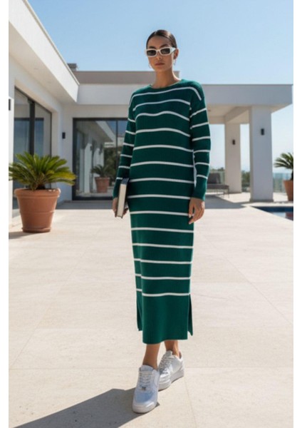 Kadın Çizgili Triko Uzun Elbise – Doğal Tarz, Rahat Fit, Yırtmaç Detaylı – Yeşil fiyatları