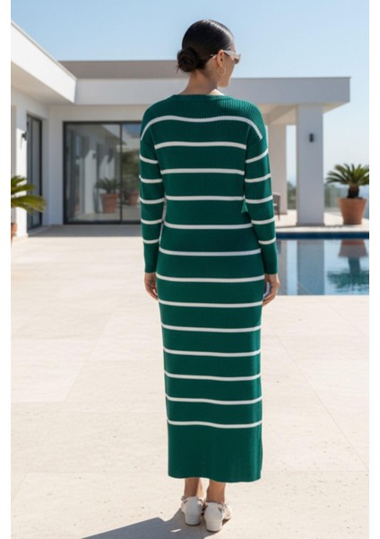 Kadın Çizgili Triko Uzun Elbise – Doğal Tarz, Rahat Fit, Yırtmaç Detaylı – Yeşil fırsatları