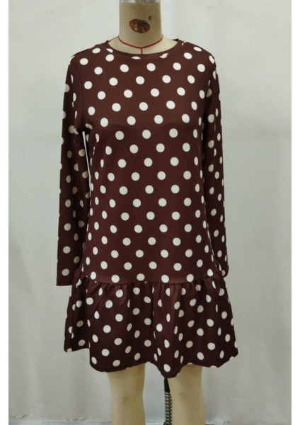 Bisiklet Yaka Puantiyeli Modal Elbise - Kahve fırsatları