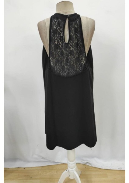 Halter Yaka Sırtı Dantel Detaylı Krep Elbise - Siyah fırsatları