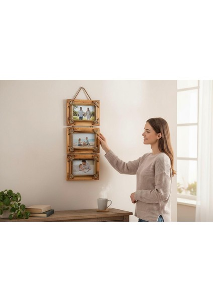 El Yapımı Doğal Ahşap 3’lü Bambu Bamboo Fotoğraf Çerçevesi Dekoratif Ev Ofis Hediyesi Duvar Süsü - 2 modelleri
