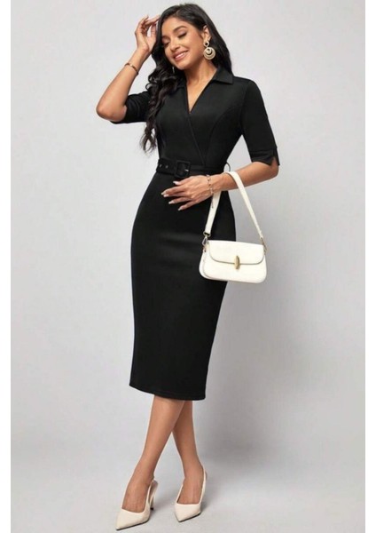 Kemerli V Yaka Midi Elbise - Siyah