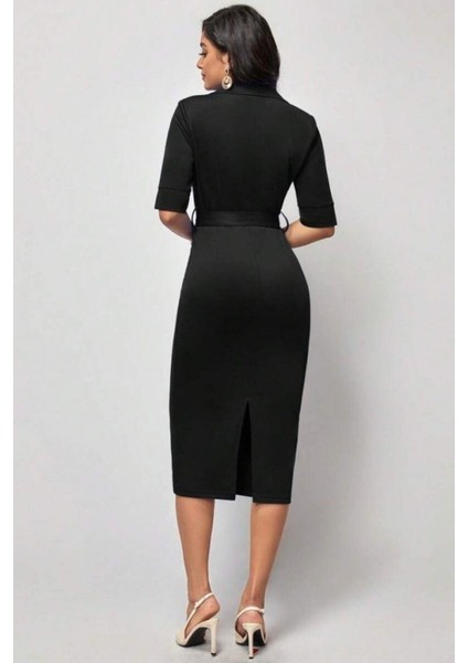 Kemerli V Yaka Midi Elbise - Siyah modelleri