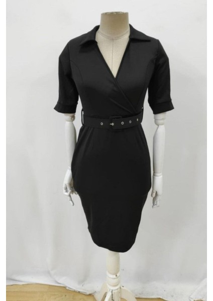 Kemerli V Yaka Midi Elbise - Siyah fırsatları