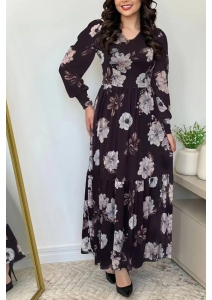 Uzun Kollu V Yaka Süprem Çiçek Desenli Elbise - Siyah
