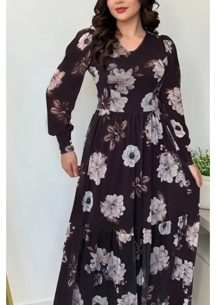 Uzun Kollu V Yaka Süprem Çiçek Desenli Elbise - Siyah fiyatları