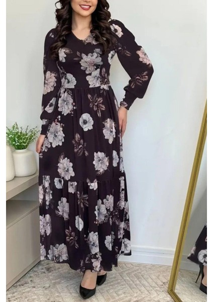 Uzun Kollu V Yaka Süprem Çiçek Desenli Elbise - Siyah modelleri