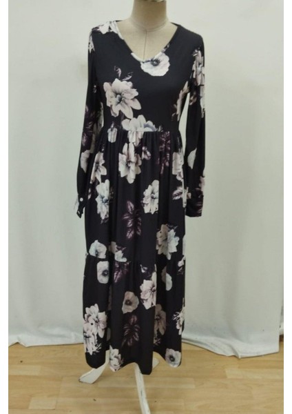 Uzun Kollu V Yaka Süprem Çiçek Desenli Elbise - Siyah fırsatları