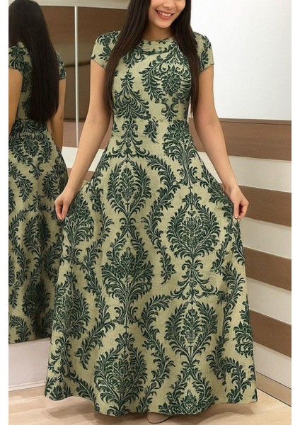 Bisiklet Yaka Desenli Uzun Krep Elbise - Yeşil