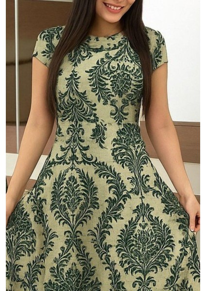 Bisiklet Yaka Desenli Uzun Krep Elbise - Yeşil fiyatları