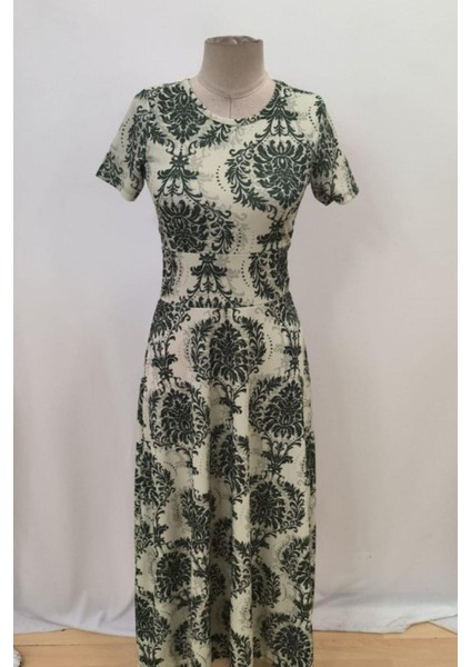 Bisiklet Yaka Desenli Uzun Krep Elbise - Yeşil modelleri