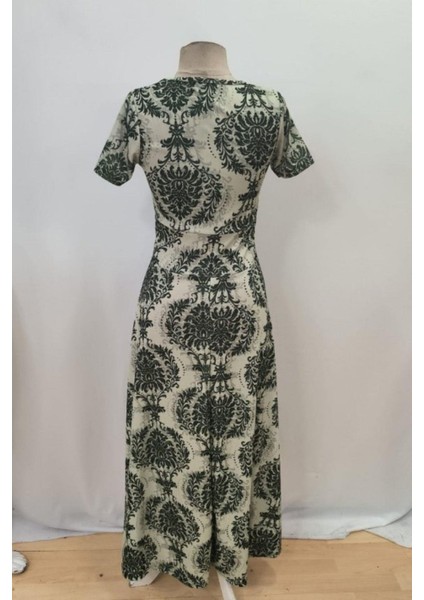 Bisiklet Yaka Desenli Uzun Krep Elbise - Yeşil fırsatları