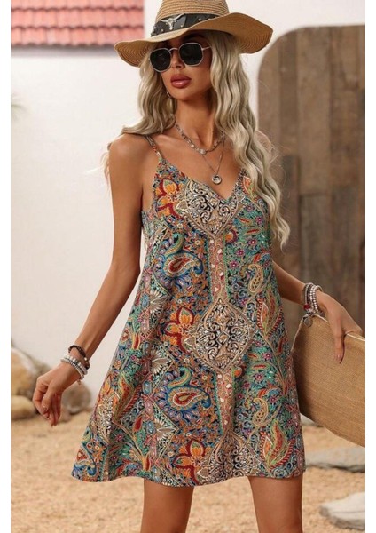 V Yaka Ip Askılı Desenli Mini Süprem Elbise - Desenli