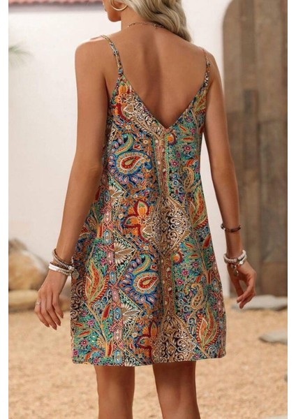 V Yaka Ip Askılı Desenli Mini Süprem Elbise - Desenli modelleri