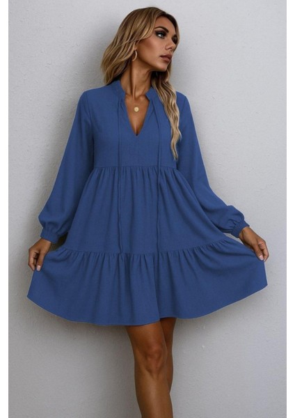 Yaka Bağlamalı Uzun Kollu Keten Elbise - Lacivert