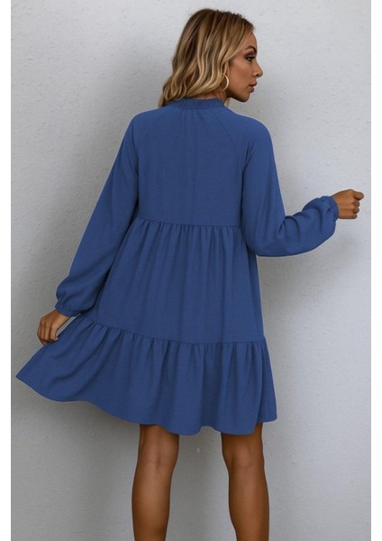 Yaka Bağlamalı Uzun Kollu Keten Elbise - Lacivert modelleri