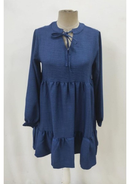 Yaka Bağlamalı Uzun Kollu Keten Elbise - Lacivert fırsatları