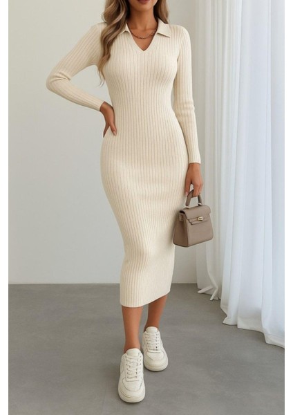 Polo Yaka Triko Midi Boy Elbise - Bej