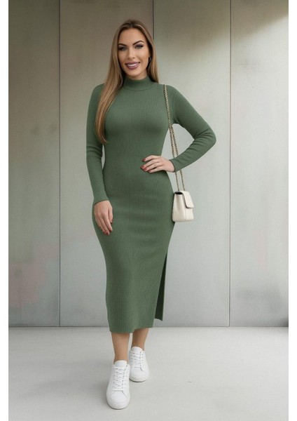 Balıkçı Yaka Midi Kaşkorse Elbise - Çağla