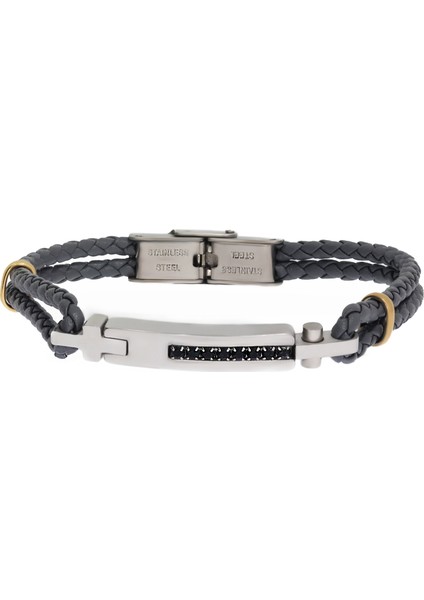 Erkek Siyah Taşlı Gri Renk Deri Bileklik