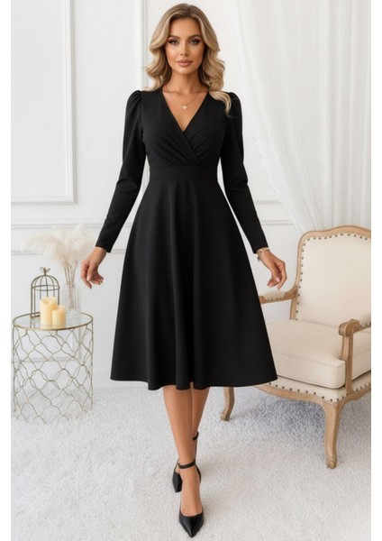 Siyah Kruvaze Yaka Uzun Kollu Diz Altı Elbise