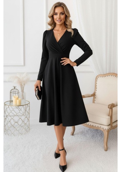 Siyah Kruvaze Yaka Uzun Kollu Diz Altı Elbise fiyatları