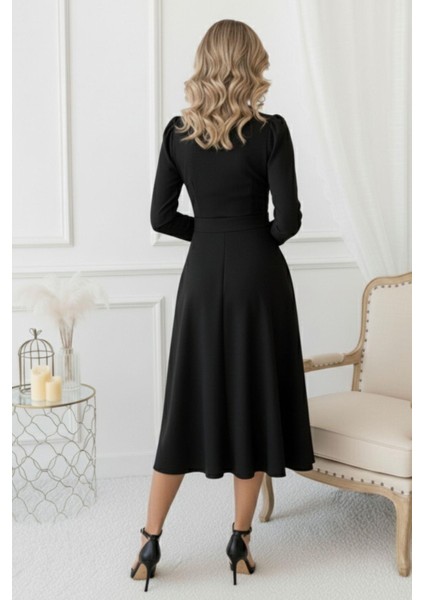 Siyah Kruvaze Yaka Uzun Kollu Diz Altı Elbise fırsatları