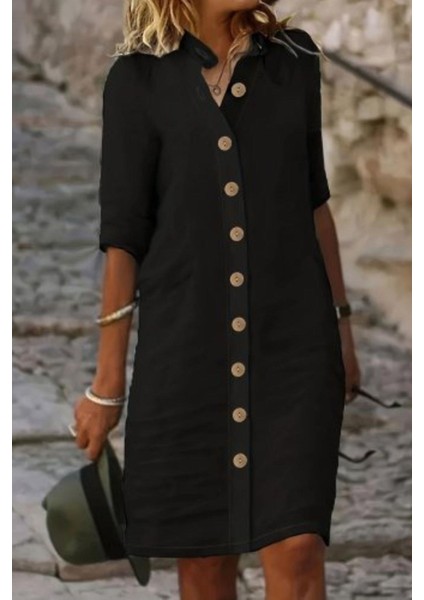 Hakim Yaka Önden Düğmeli Müslin Elbise - Siyah