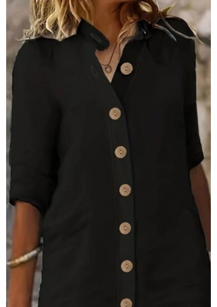 Hakim Yaka Önden Düğmeli Müslin Elbise - Siyah fiyatları