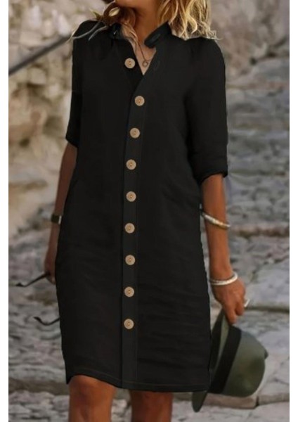 Hakim Yaka Önden Düğmeli Müslin Elbise - Siyah modelleri