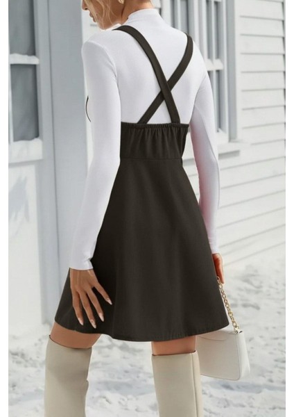 Askılı Düğme Detaylı Mini Süet Elbise - Haki modelleri