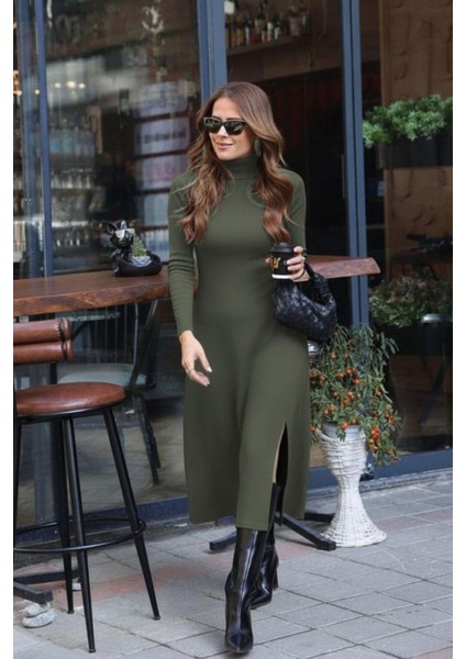 Balıkçı Yaka Derin Yırtmaç Detay Krep Elbise Yeşil