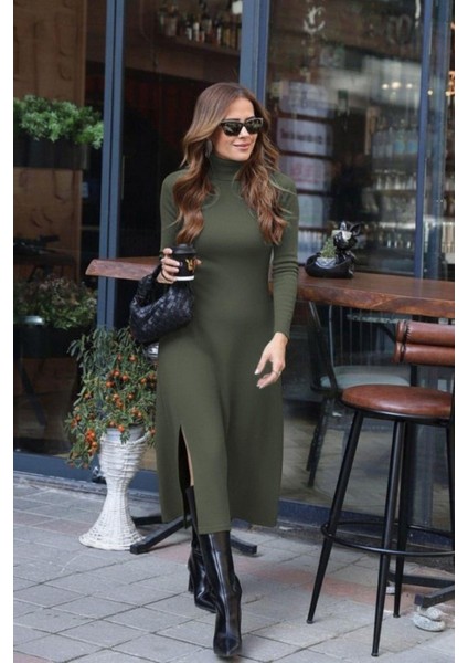 Balıkçı Yaka Derin Yırtmaç Detay Krep Elbise Yeşil fırsatları